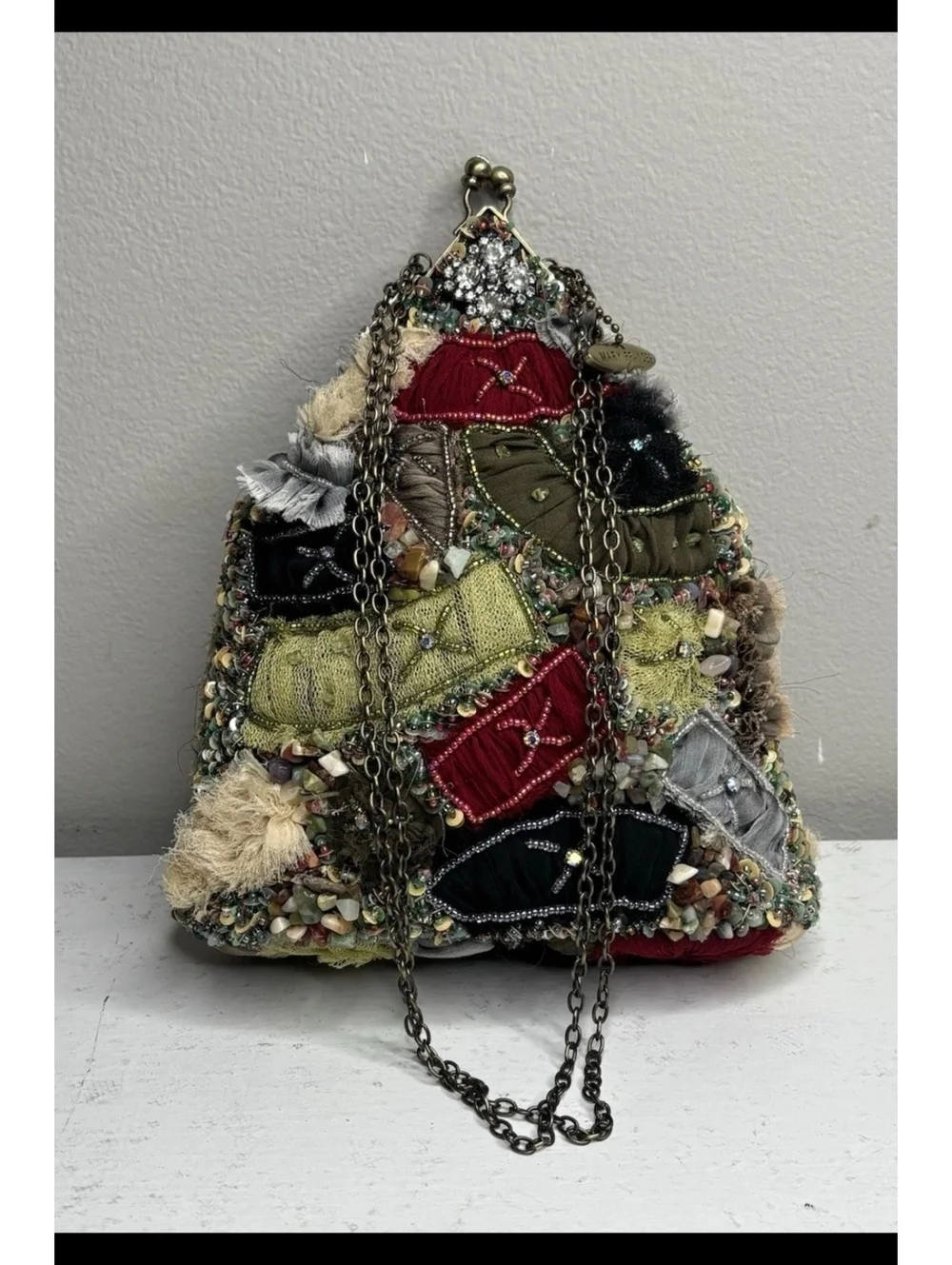 Mary Frances Mixed Media Beaded Patchwork Hobo Purse with Adjustable Strap